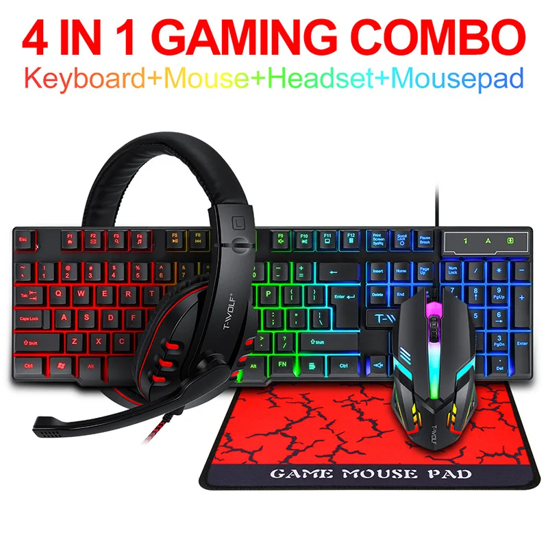 Gaming Keyboard And Mouse Set - T-WOLF Game Four Piece TF800 Illuminated